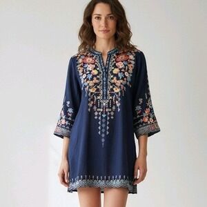Johnny Was Vicenza Embroidered Tunic Dress Navy Blue Boho Floral Size M